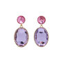 A pair of drop earrings featuring glass gems in pink and purple tones.